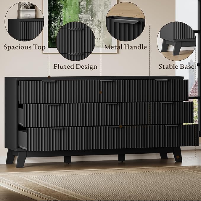 BORNOON 63" Long Dresser for Bedroom, 9-Drawer Fluted Dresser, Extra-Wide Wood