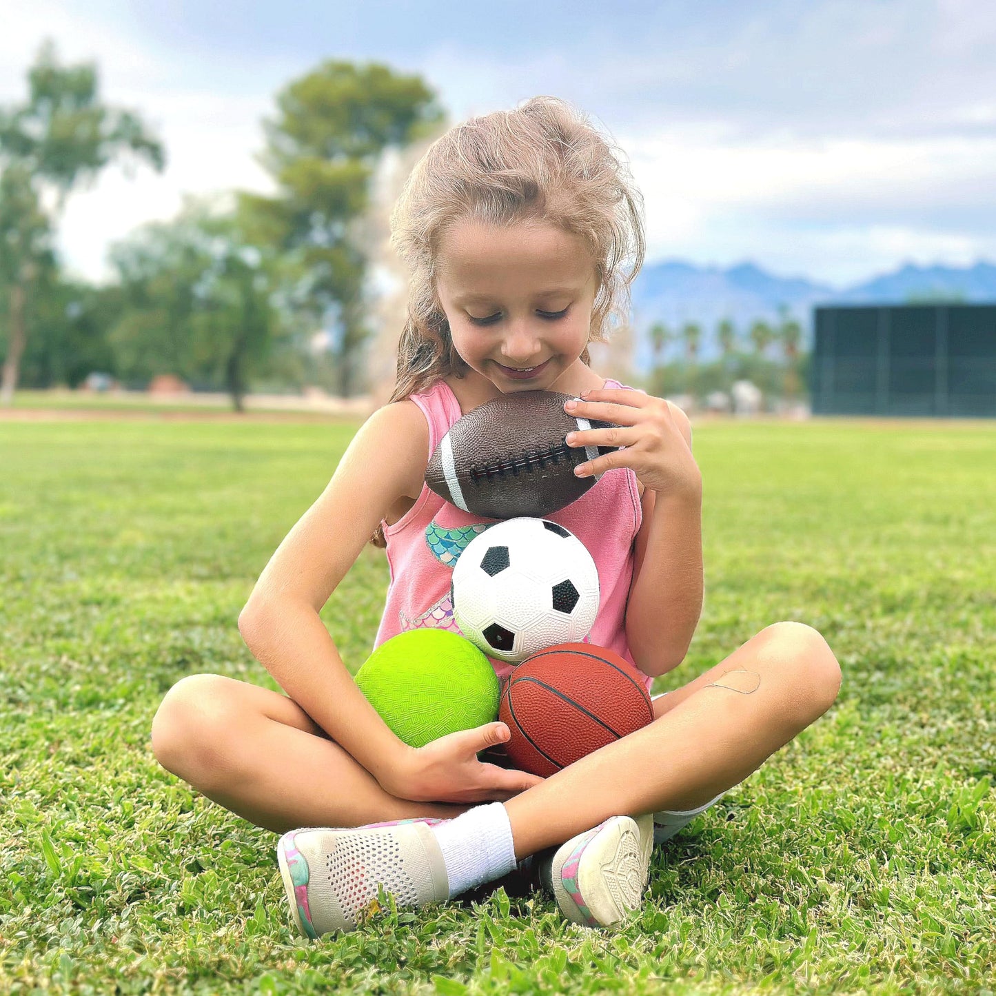 AppleRound 4-Pack Sports Balls for Toddlers & Kids with Pump – 5-Inch Soccer Ball, Basketball, Playground Ball & 6.5-Inch Football – Soft Small Balls for Indoor/Outdoor Play (Ages 2-7)