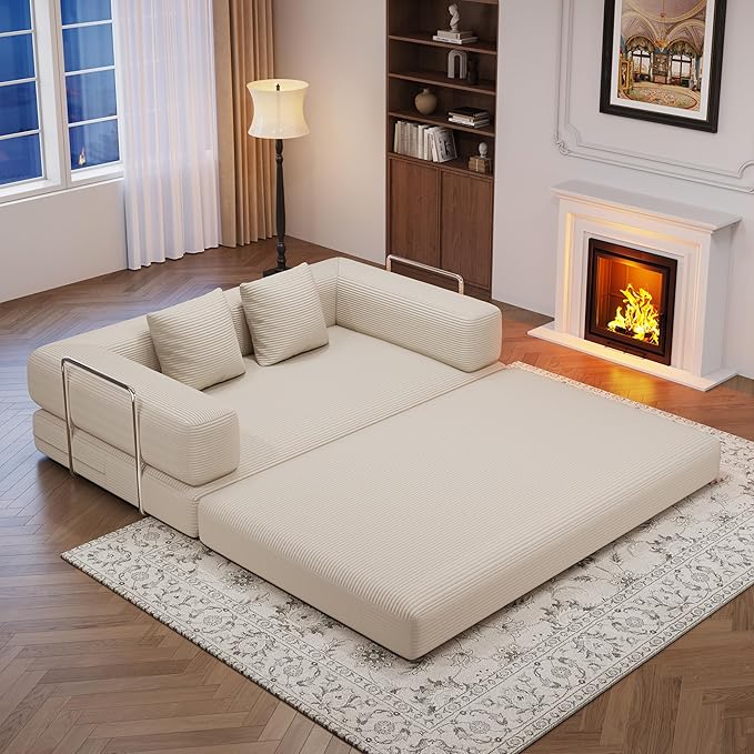 4-in-1 Foldable Sofa Bed Teddy Fabric Foam-Filled Compressed Couch, Beds Queen