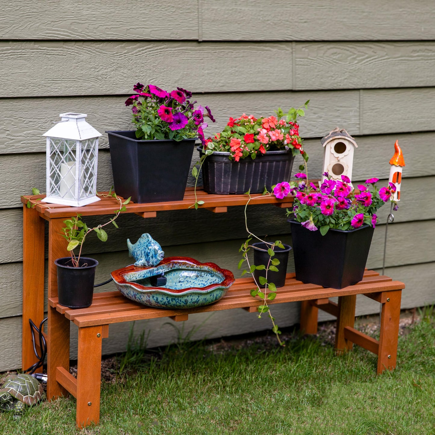 Sunnydaze 2-Tier Meranti Wood Plant Stand for Indoor and Outdoor Use - Garden Shelf with Teak Oil Finish for Patio, Porch, Balcony, and Living Room - Heavy Duty 100 lb Per Level Capacity - 47 in