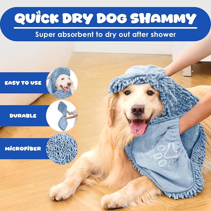 Microfiber Dog Towel, Blue | Fast Drying, Super Absorbent, Hand Pockets, For Large & Small Dogs, Soft Durable