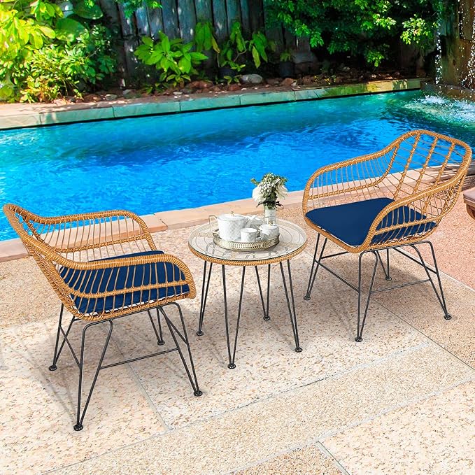 Tangkula 3 Pieces Patio Bistro Set, Rattan Conversation Set