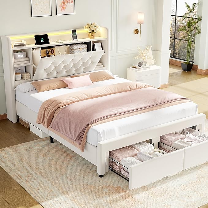 Queen Bed Frame with Drawers, Hidden-Cubby & Shelves Storage Headboard with