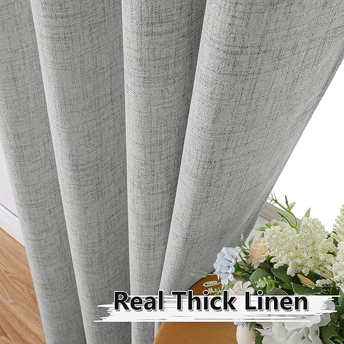 Tollpiz Short Linen Curtain Bedroom Rod Pocket Semi Sheer Curtains Burlap Light Filtering Thick Linen Drape for Living Room, 38 x 54 inches Long, Silver Grey, Set of 2 Panels