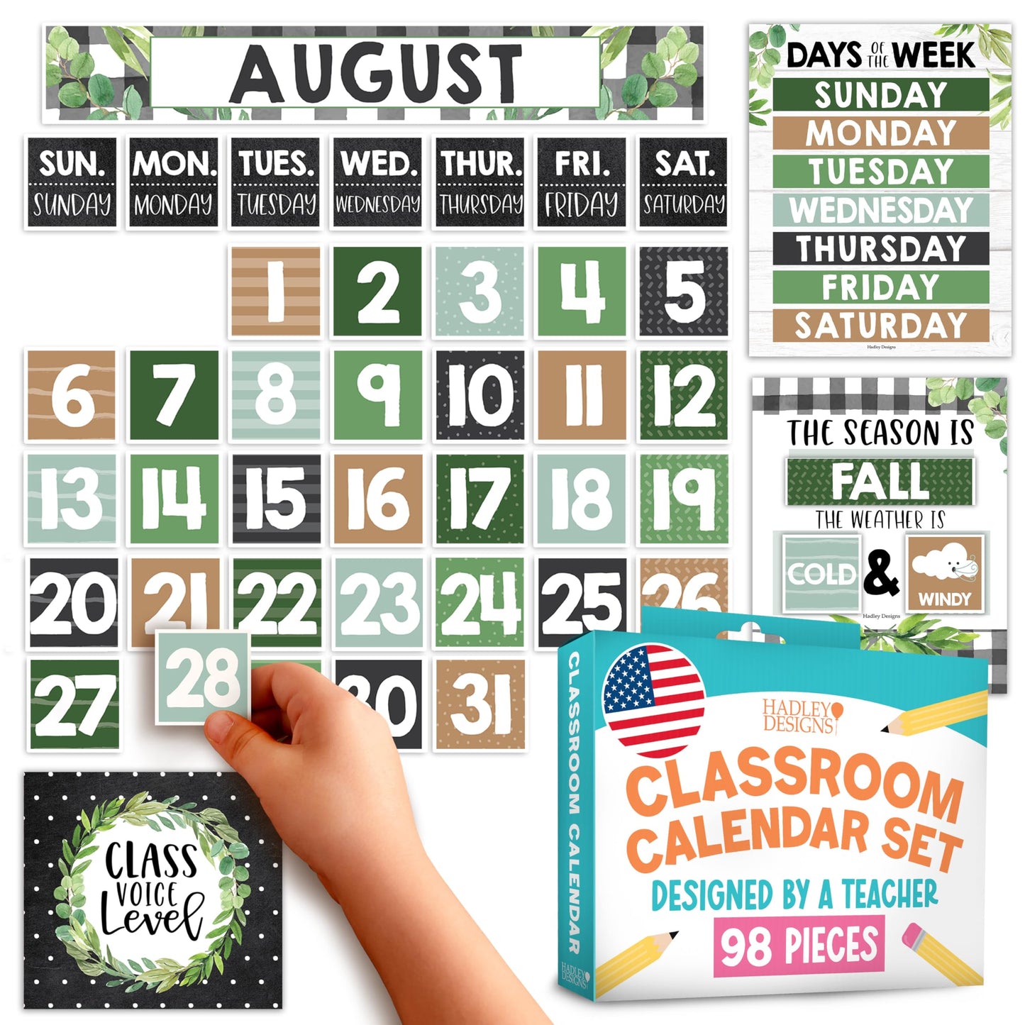 Hadley Designs Classroom Calendar Set Bulletin Board Decorations - Greenery School Calendar for Classroom Decor, Kindergarten Preschool Elementary Teacher Must Haves, Homeschool & Daycare Essentials