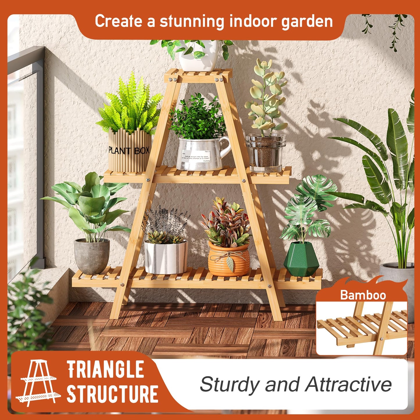 GHWIE Plant Stand Indoor Plant Shelf Outdoor bamboo Plant Rack, 3 Tiers Ladder Plant Holder Flower Stand for Living Room Balcony Garden Patio,Living Room Boho Home Decor for Gardening Gifts (Natural)