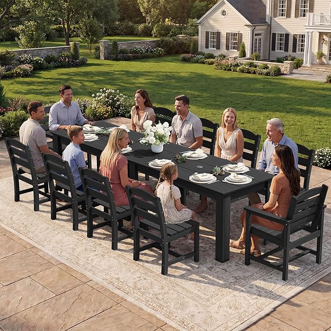 SERWALL HDPE Dining Set for 6: 1 Umbrella Hole Table, 4 Armless + 2 Armchairs.