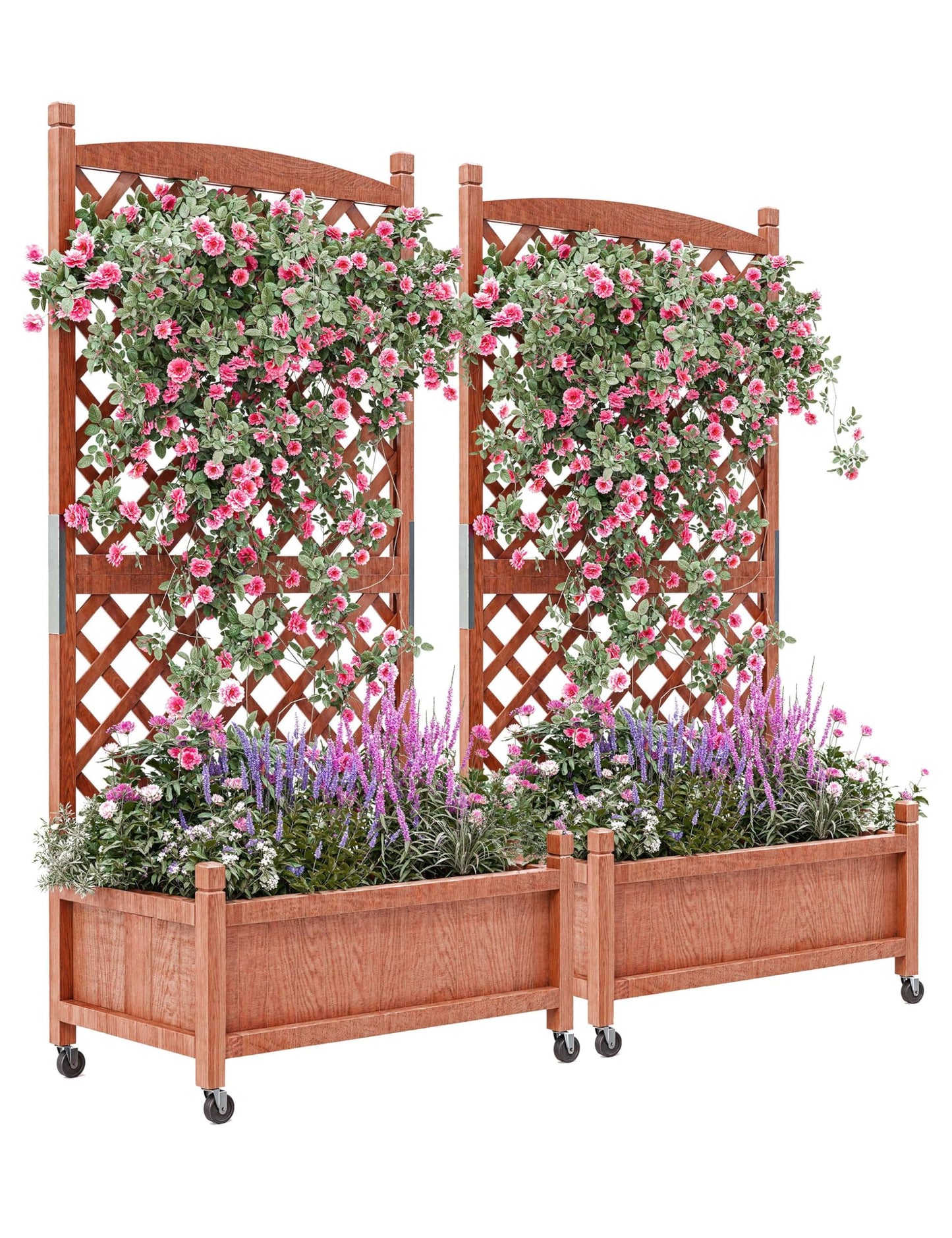 29.5 in x 13 in x 61.5 in Wood Planter Box With Trellis For Plant & Flower, Raised Garden Bed With Wheels, Standing Vertical Horticulture Trellis Planter With Drainage Holes for Patio Garden, 2PCS