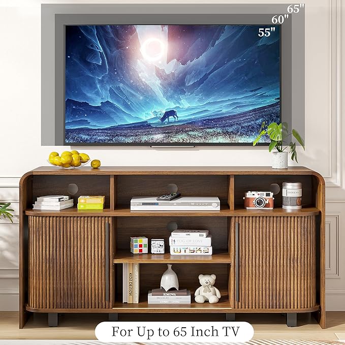 Small Fluted TV Stand for Bedroom, Mid Century Modern Media TV Console for 55