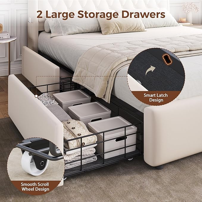 Full LED Velvet Bed Frame with 2 Storage Drawers&Hidden Headboard, Upholstered