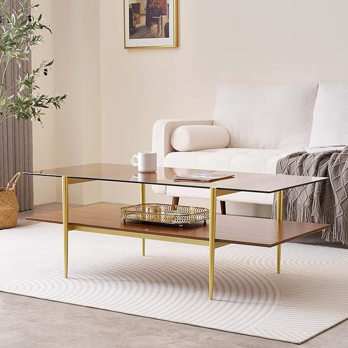 LumFurn Extra Large Rectangle Glass Coffee Table, Mid-Century Modern Design