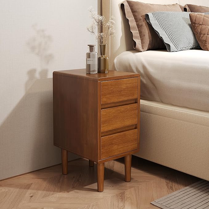 Nightstand with 3 Drawers Narrow Night Stand Solid Wood Bedside Table Mid