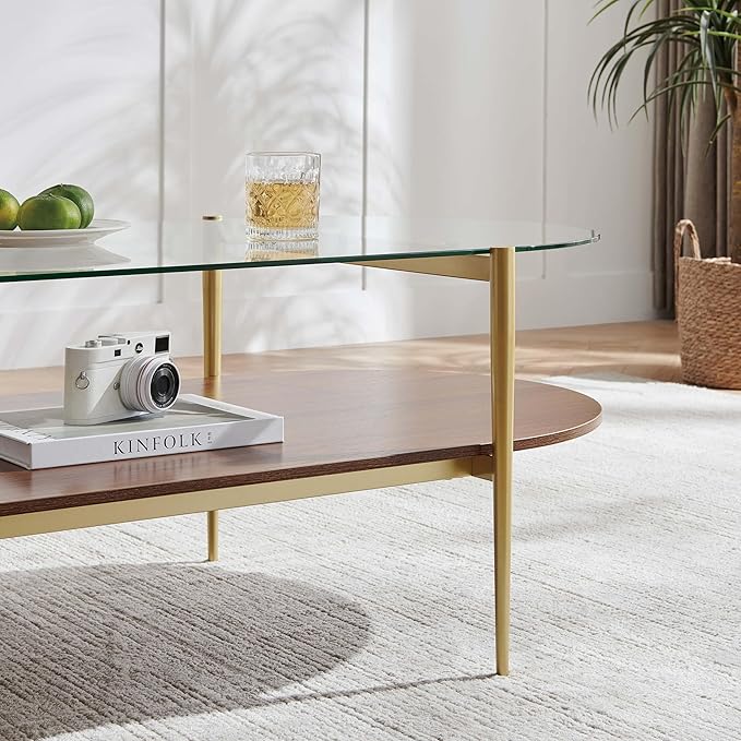 LumFurn X-Large Oval Glass Coffee Table, Mid-Century Modern Design, L47 x W24 x