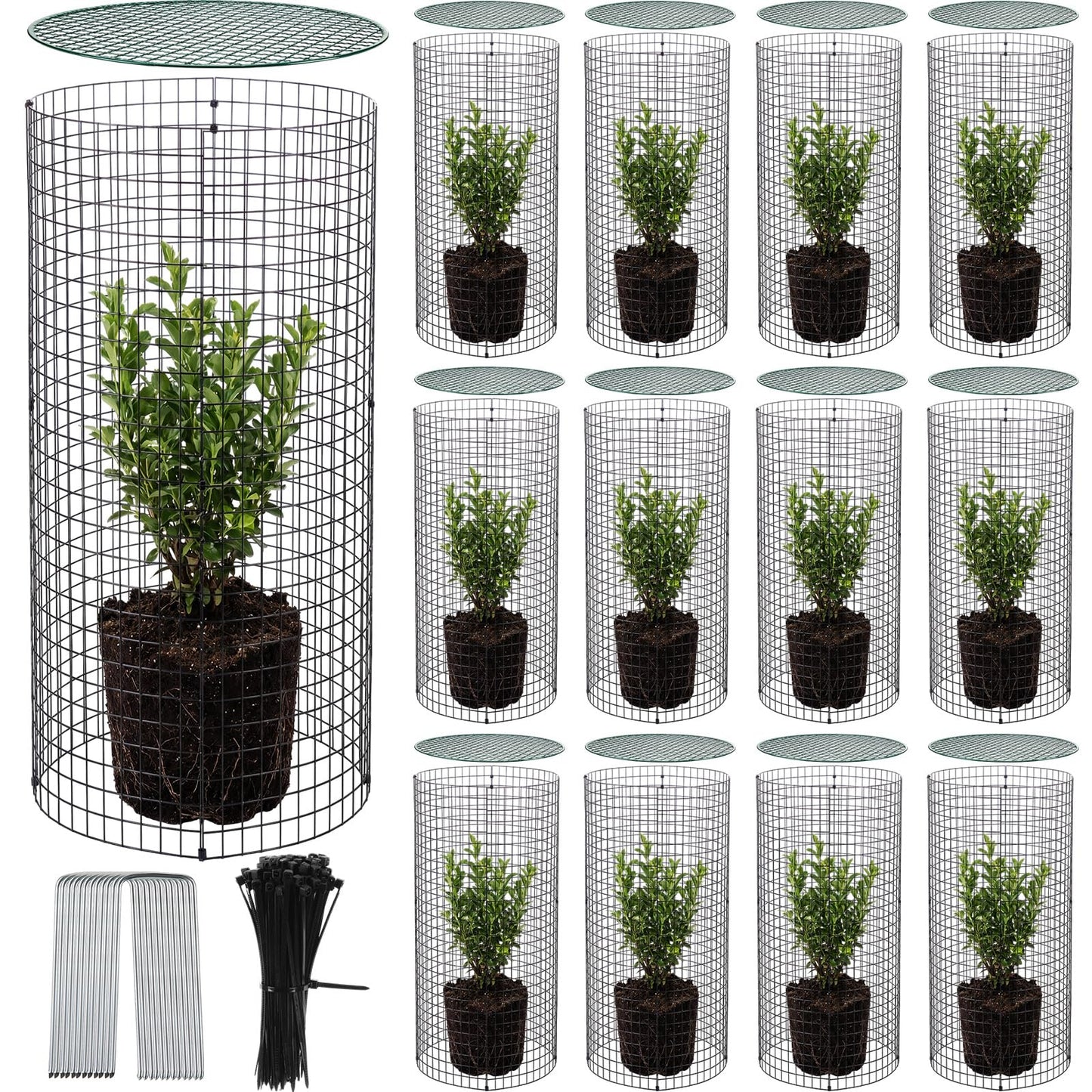 Otoolling 12 Pack 24" x 12" Garden Plant Protectors from Animals with Detachable Covers Metal Plant Cage Chicken Wire Cloche with Ground Stakes and Nylon Tie for Flower Vegetable to Keep Animals Out