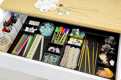 CAXXA 3 Slot Drawer Organizer with 4 Adjustable Dividers - Junk Drawer Storage for Makeup & Vanity, Office Desk Supplies and Accessories (BLACK, 1 PACK)