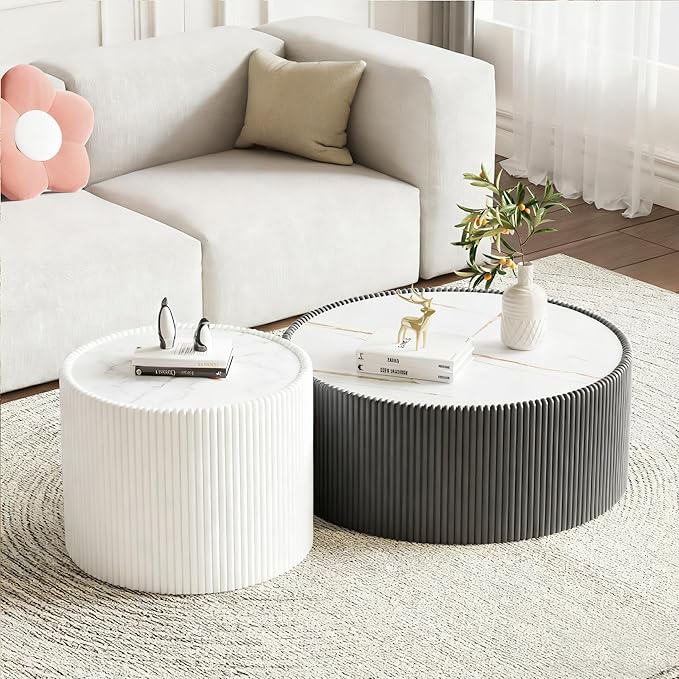 2-Piece Round Nesting Coffee Table Set, 29.52" Marble Coffee Table and End