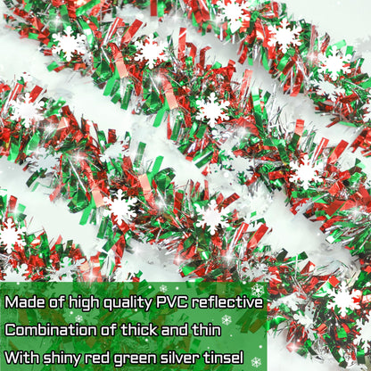 50 FT Christmas Decorations, Christmas Tinsel Garland with Snowflake Shiny Metallic Twist Red Green Silver Christmas Garland for Home Tree Mantle Stairs Indoor Outdoor Xmas Party Decorations