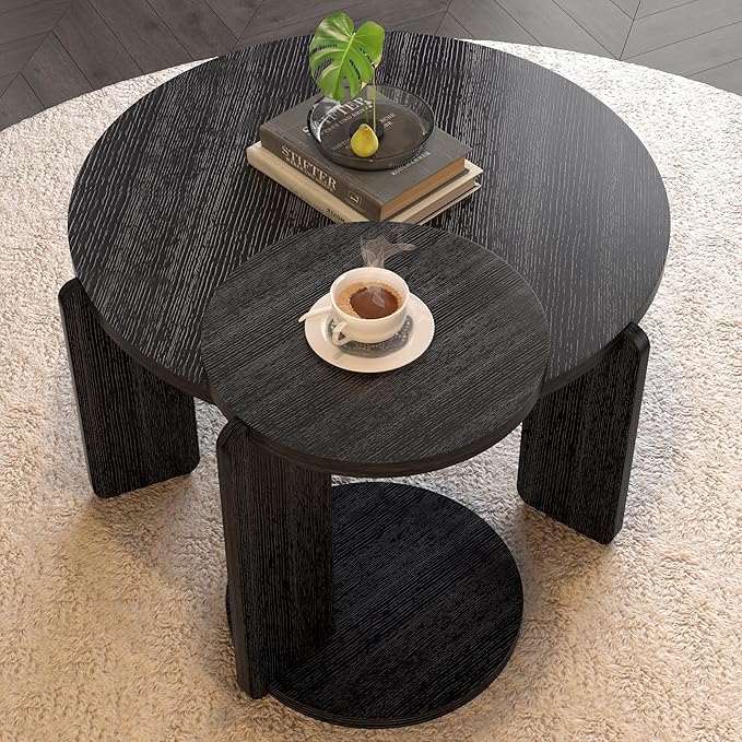 GDFStudio Round Nesting Coffee Table Set of 2, Modern Wooden Accent Side Table