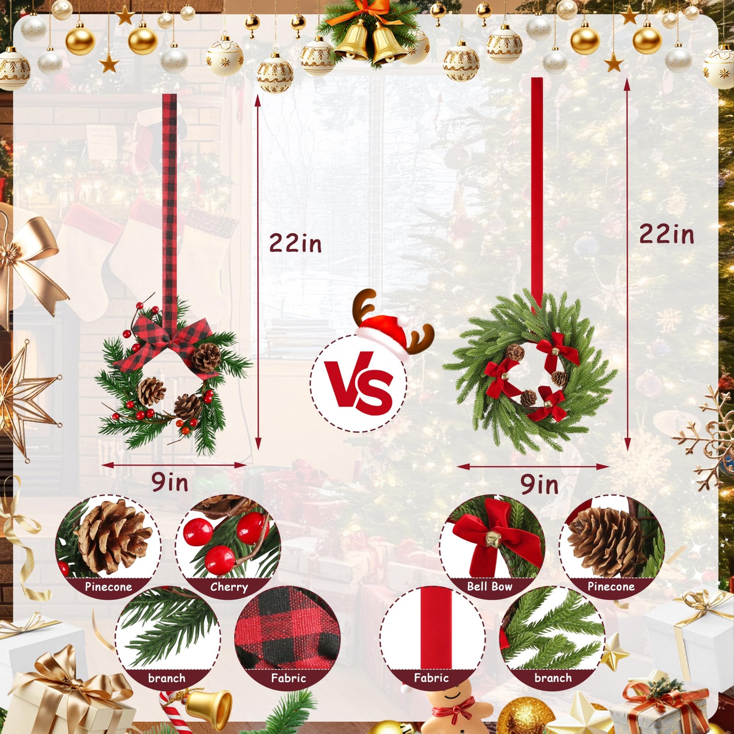 Ogrmar 12 Pcs Mini Christmas Kitchen Cabinet Wreaths with Ribbon, 2 Styles Hanging Christmas Wreath, Small Kitchen Xmas Decoration for Fireplace Kitchen Door Stair Window