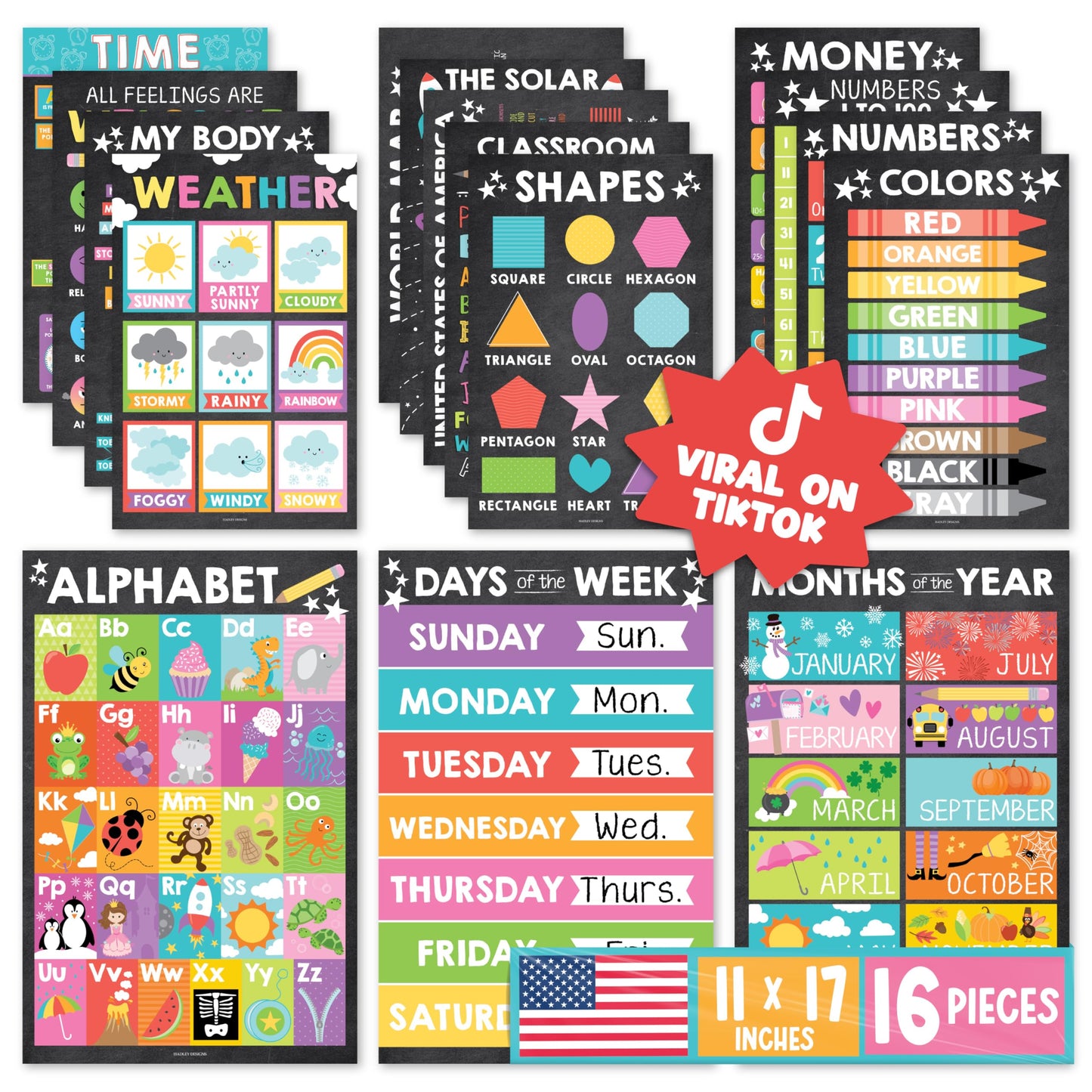 Hadley Designs 16 Educational Posters for Classroom Must Haves - Laminated Pre-K Posters for Toddler Homeschool Essentials, Toddler & Preschool Learning Activities, Kindergarten Classroom Decor