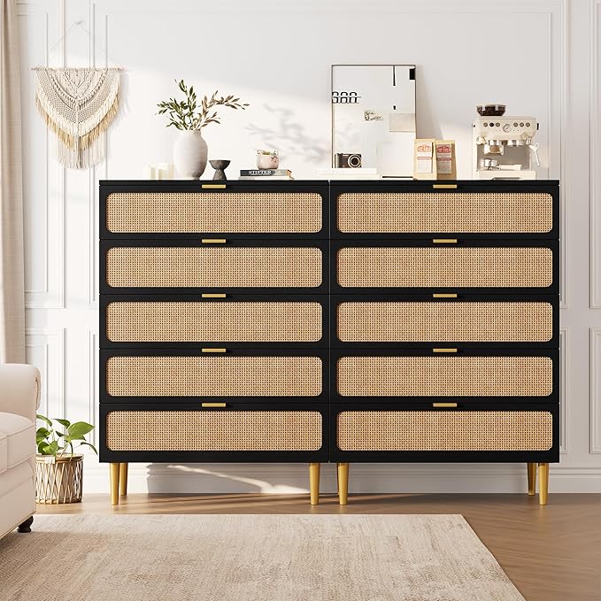 GarveeHome Rattan 5 Drawer Dressers