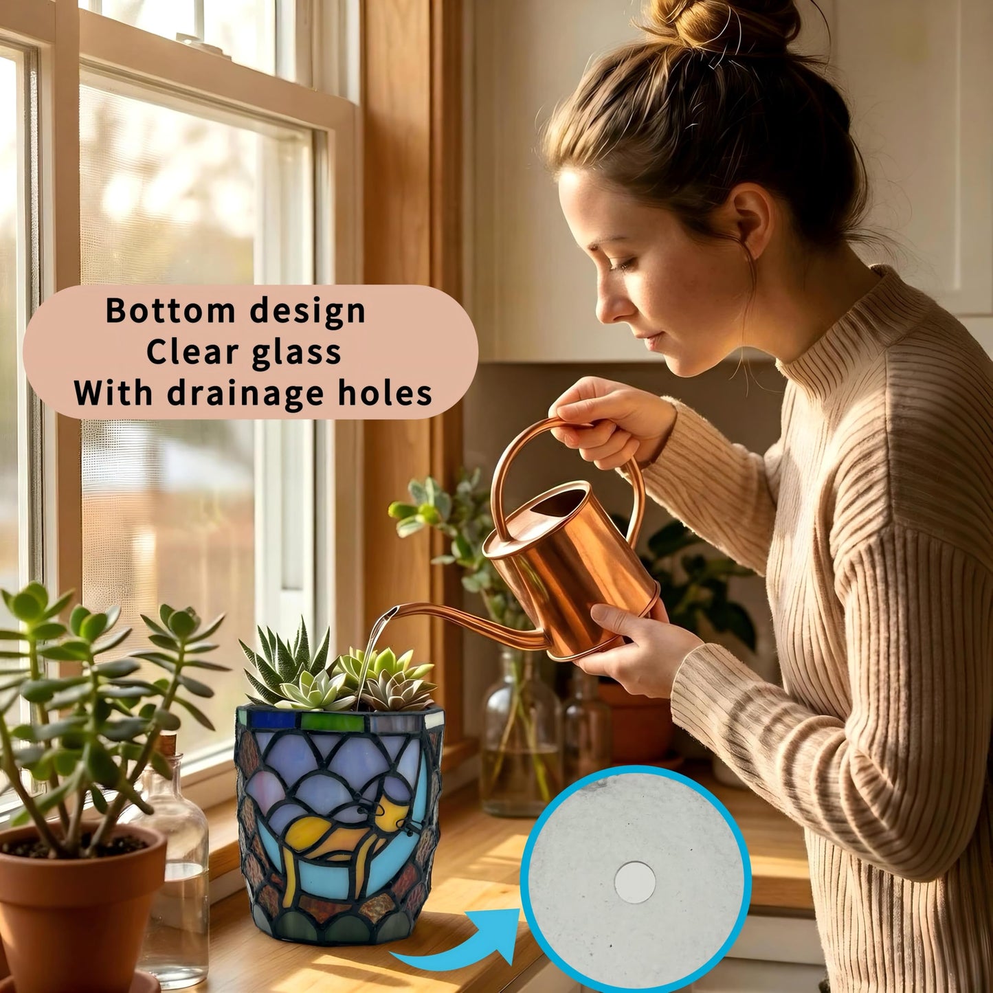 Entlityful Stained Glass Hanging Cat Planter Pot, Orange Sleeping Cat Small Hanging Plant Pots Indoor, Blue Moon Flower Pot Plant Gifts