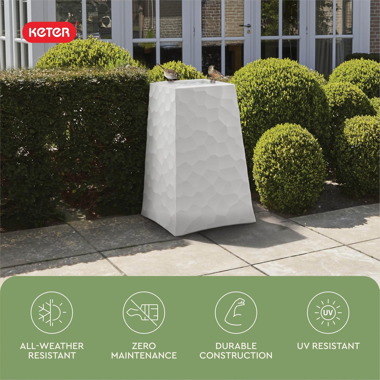Keter Stone Tapered Planter Set of 2, Tall 26.4‑Inch Resin Outdoor Flower Pots with Stone‑Look Finish and 12.2‑Gallon Capacity, Cream