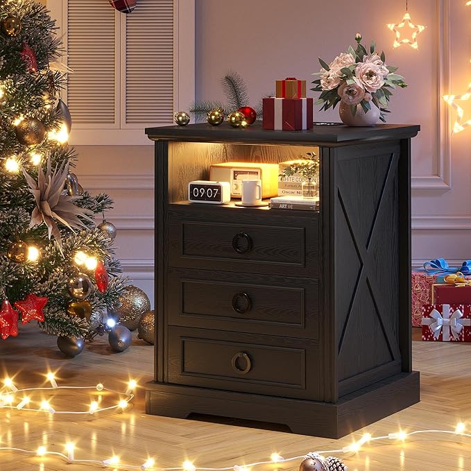 Nightstand with Charging Station, Farmhouse End Side Table with 3 Drawers and
