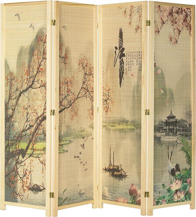 MyGift 4-Panel Folding Bamboo Room Divider Asian-Inspired Cherry Blossom Scene