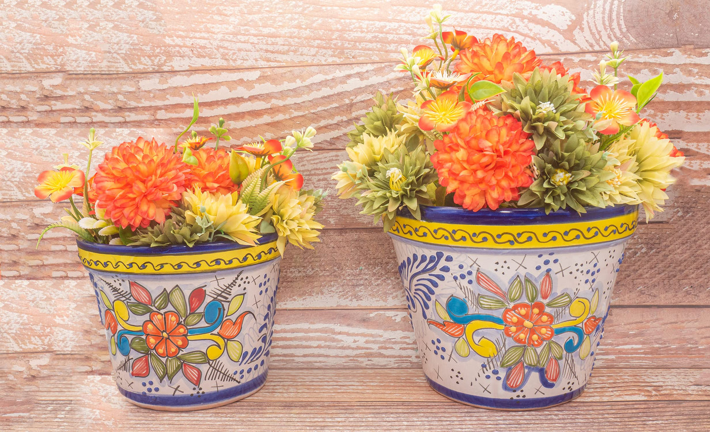 Fiesta Brands Talavera Mexican Pottery Planters Cobalt YellowTalavera Succulent Planter Set of 2 (6 in Diam x 4.5 in Tall and 5 in Diam x 4 in Tall)(Cobalt Yellow M)