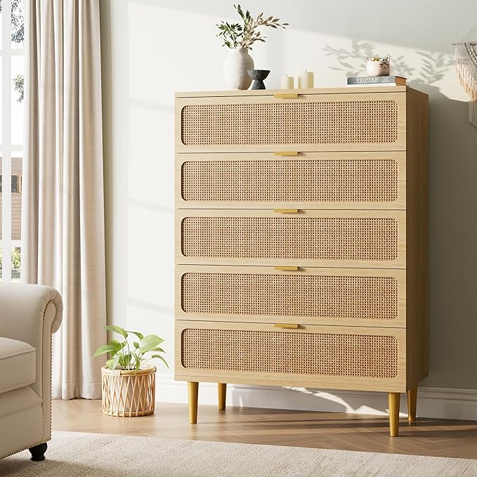 GarveeHome Rattan 5 Drawer Dressers