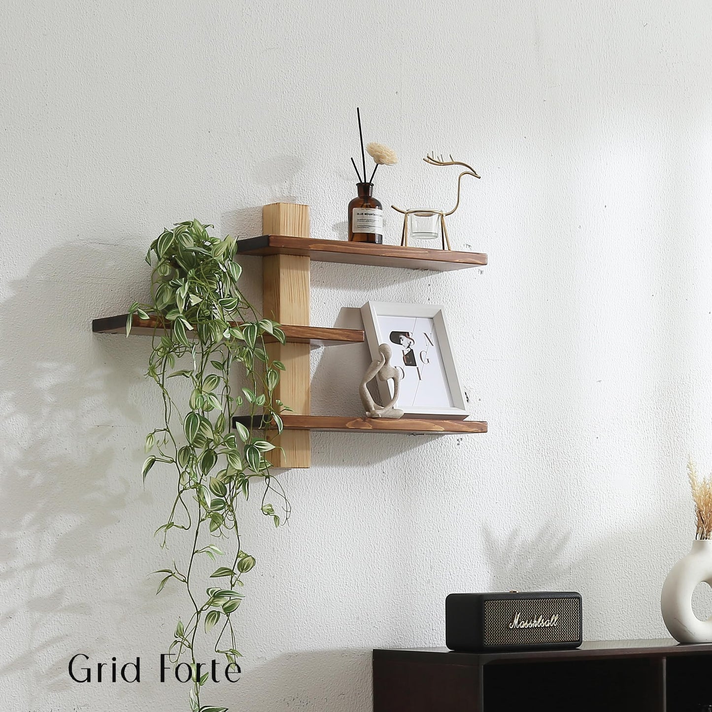 GRID FORTE Wood 3 Tier Floating Shelf, Large Minimalist Wall Shelves, Mid Century Modern Furniture, Art Deco, Plant Rock Crystal Shelving for Bedroom Living Room Office Bathroom