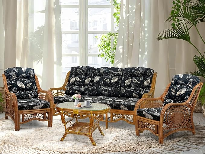 Malibu Lounge Set of 4: 2 Natural Rattan Wicker Chairs, Three-Seater Sofa and