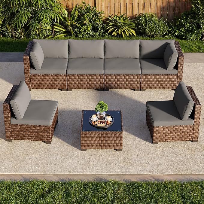 Qsun 7 Pieces Patio Furniture Set, Outdoor Sectional Rattan Sofa Set, Wicker