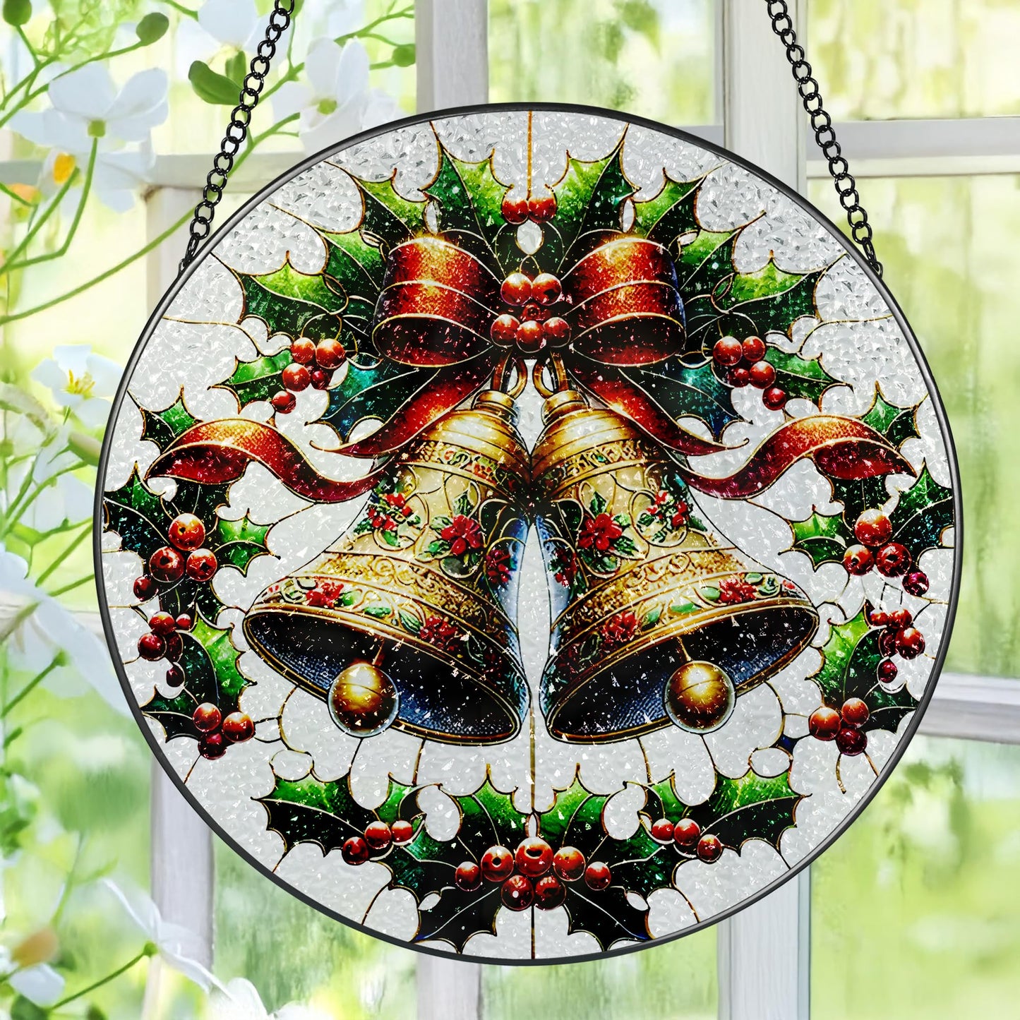 Stained Glass Window Hanging, Pauyadu Sun Catchers Indoor Window, Bells Christmas Suncatcher, Christmas Home Decor, Festive Gifts for Friends, Neighbor - 8 Inch