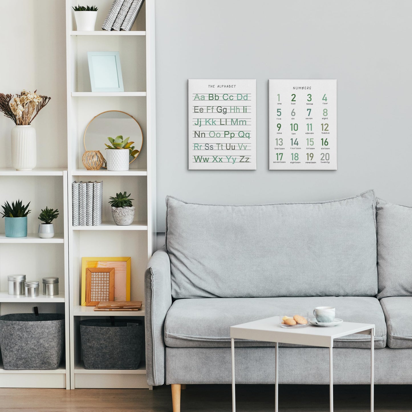 HRQKO Alphabet Numbers Nursery Canvas Wall Art Set of 2, Kids Room Decor Framed Art, Sage Green ABC Numbers Educational Posters Wall Decor for Classroom Toddler Nursery Bedroom Playroom, 11x14 inch