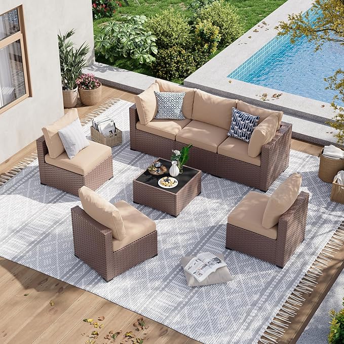 Aoxun 7 Piece Patio Furniture Set, Wicker Patio Sectional Sofa, Outdoor