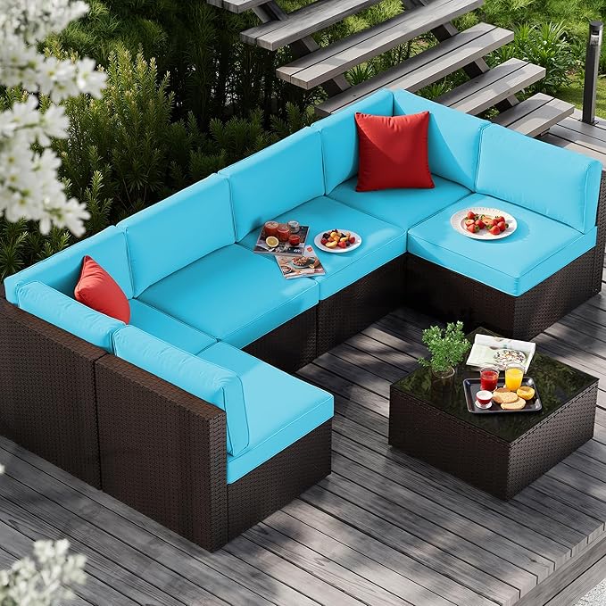 Vongrasig 7 Pieces Patio Furniture Sets, Outdoor All-Weather Wicker Patio