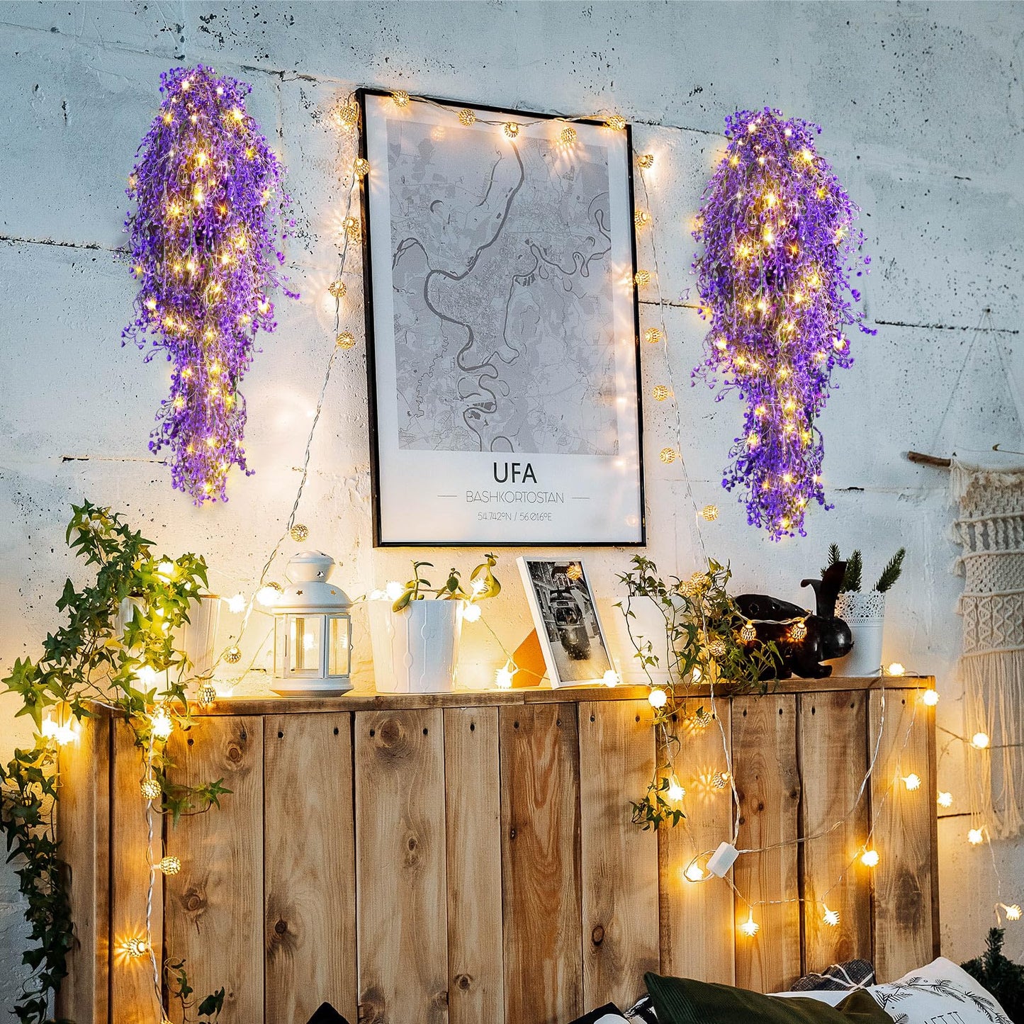 Mudder 3 Packs LED Artificial Hanging Plants, 3.6 ft Fake Hanging Plant, Ivy Vine Fake Leaves Greeny Chain Wall Home Room Garden Wedding Garland Outside Decor (Basket Not Included) (Purple Vine)