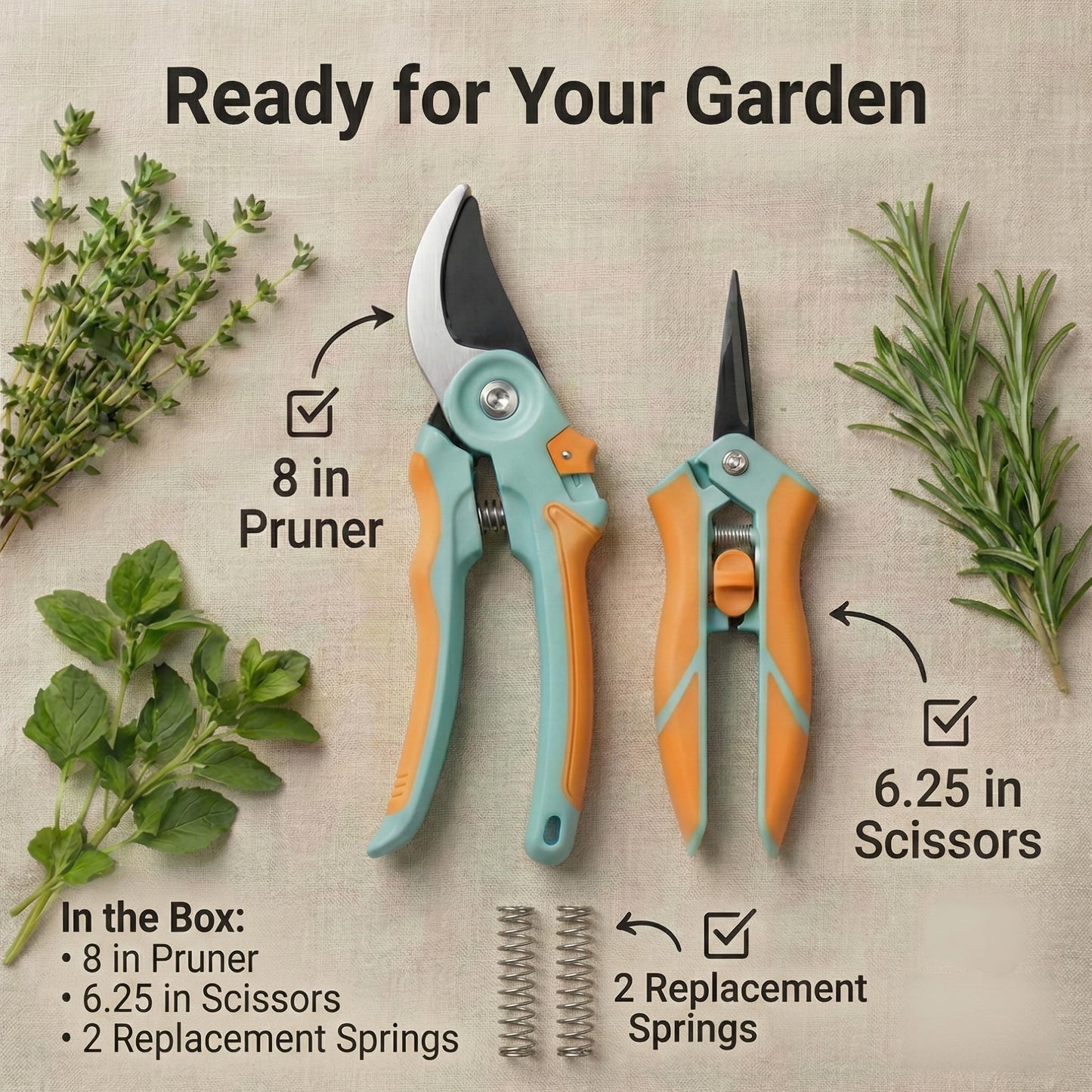 NEXON Garden Pruning Shears 2 Pack, 8" Bypass Hand Pruner & 6.25" Precision Garden Scissors, Professional Garden Clippers for Plants and Flowers