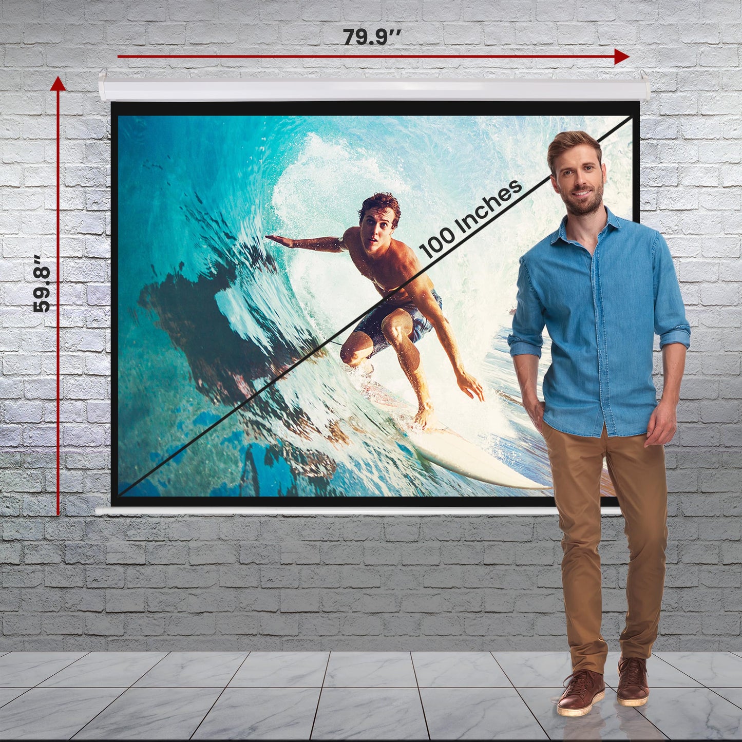Pyle Manual Pull Down Projector Screen - Universal 100-inch Roll-Down Retractable Manual Screen w/ Auto-Locking, Adjustable Screen Height, Black Masking Border -Home PRJSM1006
