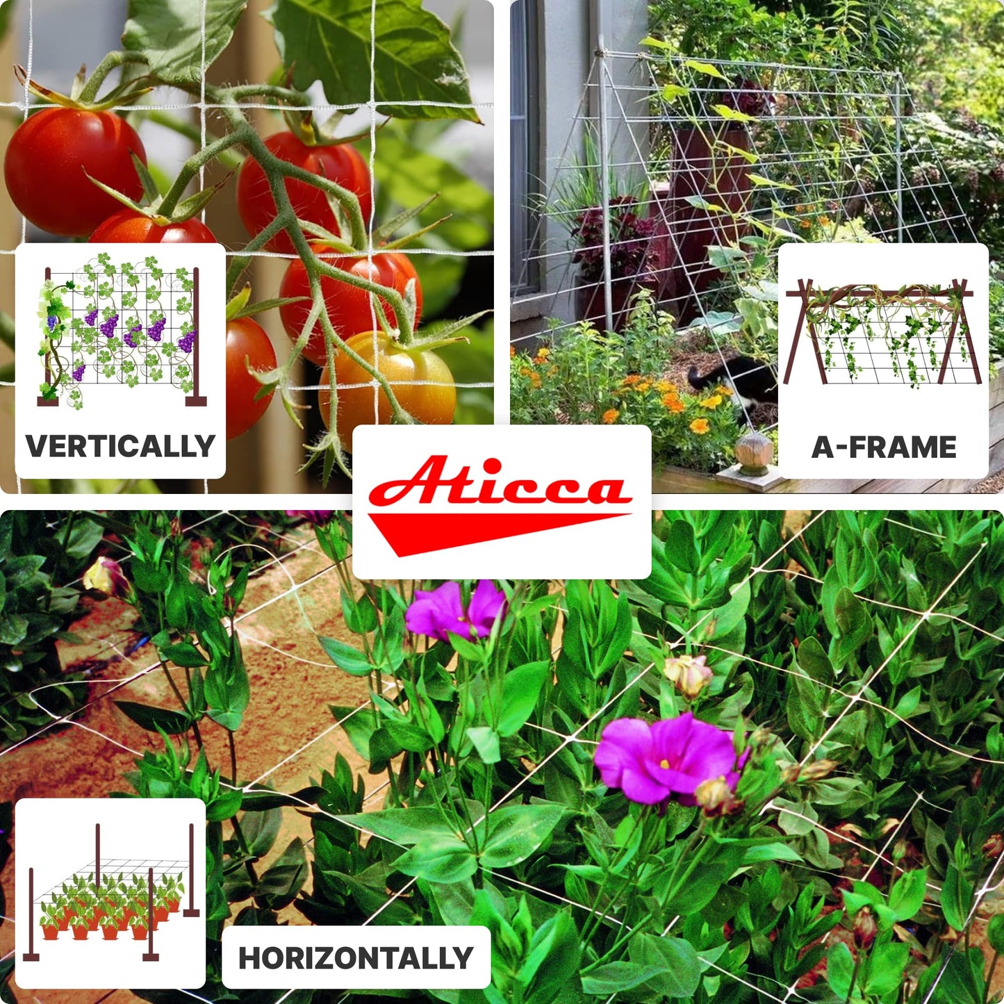 ATICCA Trellis Netting 5 x 750 ft Heavy Duty Polyester Plant Support Netting White - 6 Inch Garden Rope Trellis on Roll - Mesh Twine for Growing Vine Climbing Plants, Flowers, Peas, and Tomatoes.