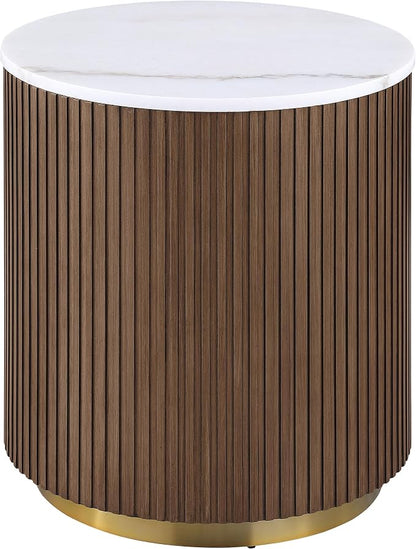 Coaster Home Furnishings - Jason - Wood and Metal - 3-Piece Coffee Table Set with Marble Tops, Reeded Drum Bases, and Gold Ring Accents - Living Room - Honey Brown and White Marble - 712418-S3