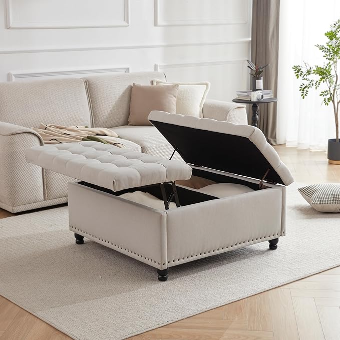 Tbfit Large Square Storage Ottoman Bench, Tufted Upholstered Coffee Table