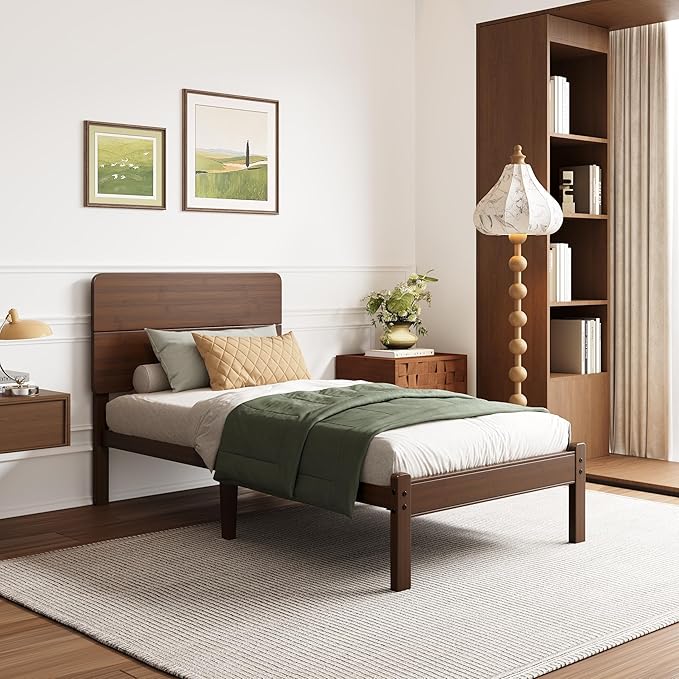 BOSRII 14in High Solid Bamboo Wood Platform Twin Size Bed Frame