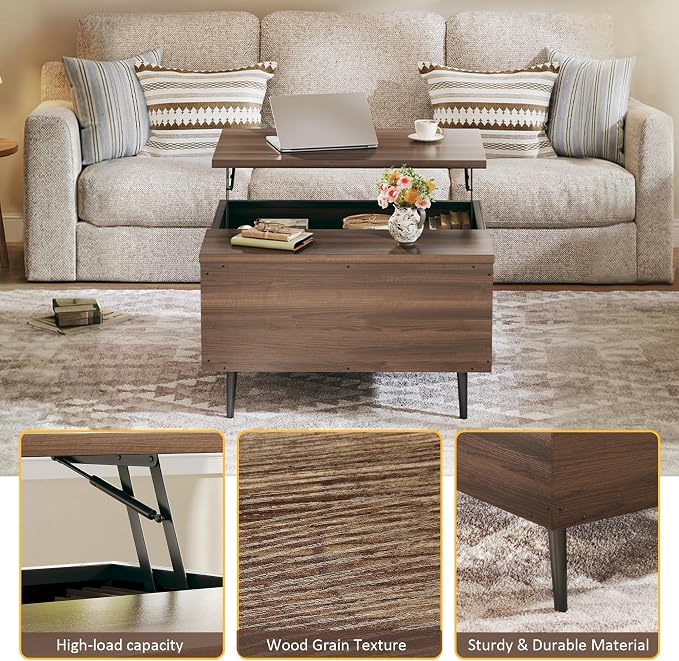 HUAHUU Lift Top Coffee Table, 31.5" Square Coffee Tables with Storage, Coffee Tables with Large Hidden Compartment, Center Table with Lifting Tabletop, Coffee Table for Living Room, Walnut