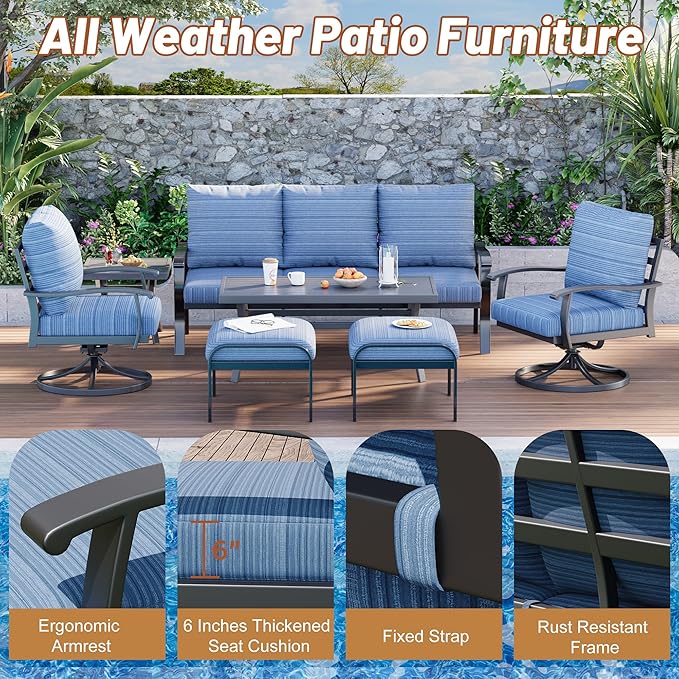 HOMREST Patio Furniture Sets 7 PCS Outdoor Metal Conversation Sets, 360 Degree