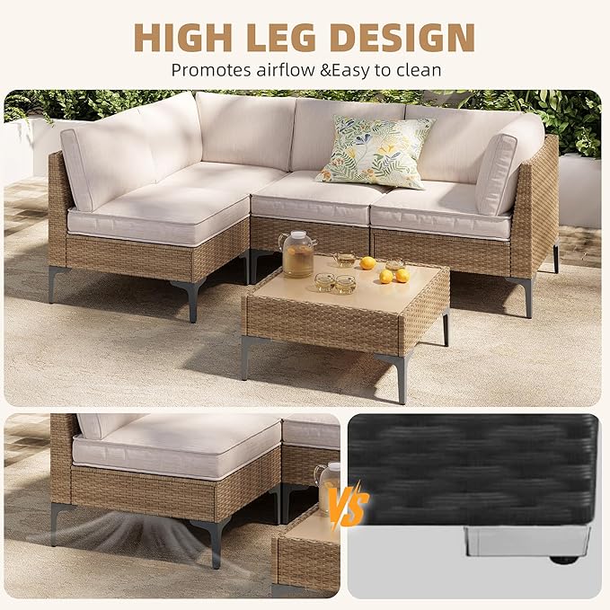 5-Piece Patio Furniture Set, Outdoor Wicker Sectional Sofa