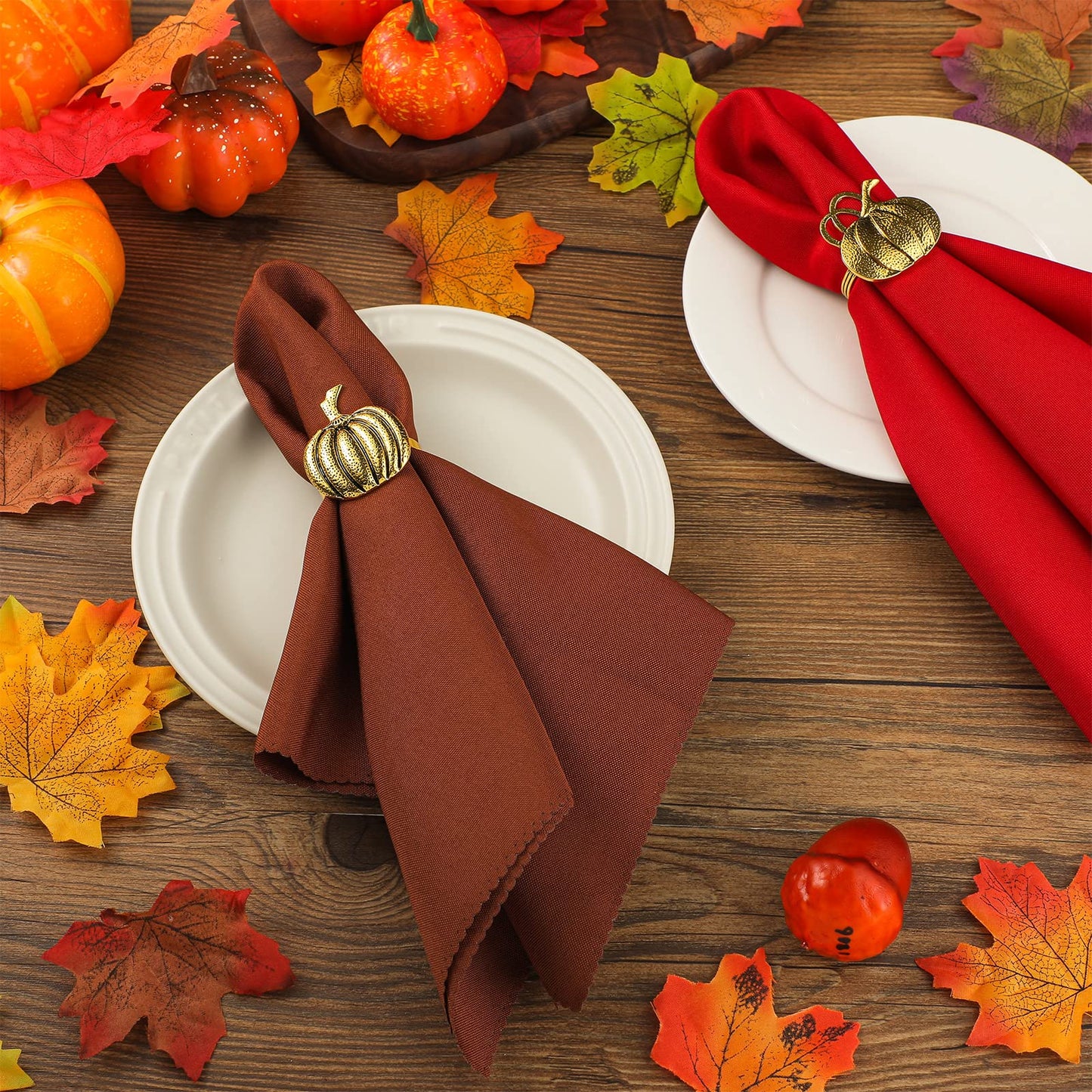 16 Pcs Fall Thanksgiving Napkin Ring Set 8 Pcs Napkin Rings and 8 Pcs Washable Thanksgiving Dinner Napkins for Fall Party Holiday Kitchen Table Decoration for Autumn Party Supplies (Pumpkin)