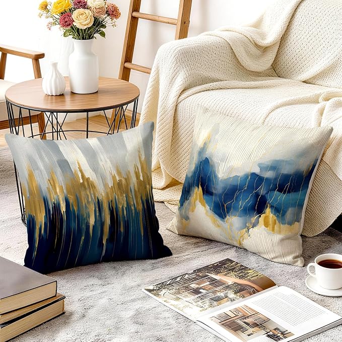 OBSEDE Blue and Gold Abstract Art Decorative Throw Pillow Covers 18 × 18 in
